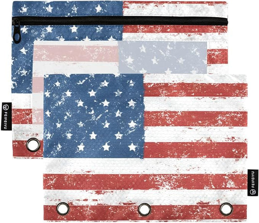 ALAZA Pencil Pouch for 3 Ring Binder, Blue Red White Grunge American Flag Binder Pencil Pouches with Clear Window Zipper Pencil Case Cosmetic Bags for Office College Supplies, 2PCS