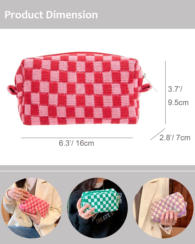 Checkered Makeup Bag for Purse, Small Travel Cosmetic Pouch,Red Pink | Cute Zipper Makeup Organizer for Women, Travel Essentials, Toiletries, Makeup Brushes, Beauty Accessories&Bridesmaid Gifts