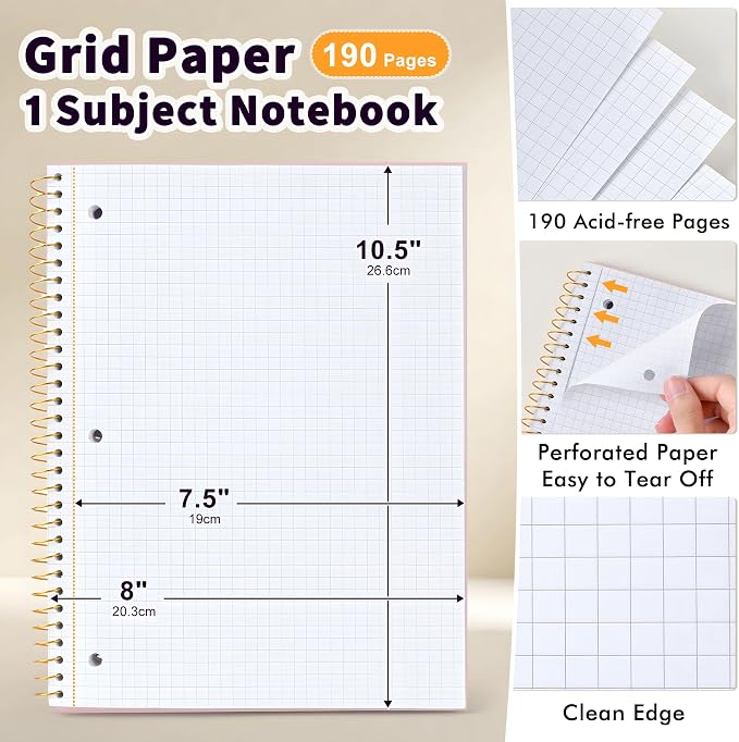 Spiral Notebook Graph Ruled Paper 8" x 10 1/2", 1 Subject Spiral Grid Notebook 3-Hole Punched Perforated Page Ideal for School, Office, Writing, 95 Sheets Lined Journaling Graphing Notebook, Pink