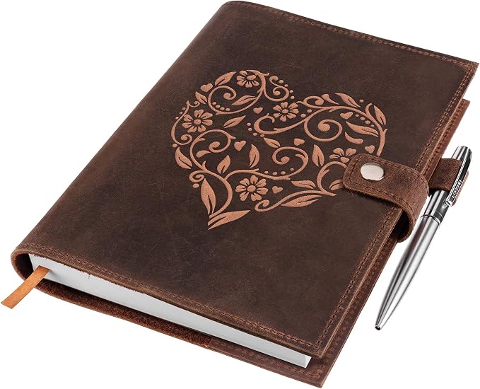 moonster Refillable Leather Journal Embossed Heart Shape Cover Design Journals with Pen – Milled A5 Leather Journal Lined Paper - Journals for Women – Vintage Journal - 320 Pages