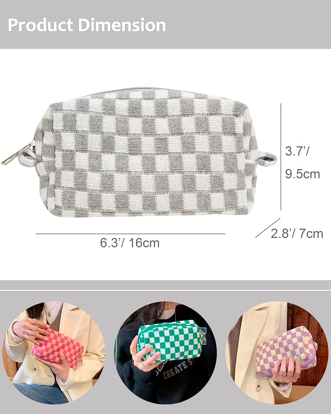 PAZIMIIK Checkered Makeup Bag for Purse, Small Travel Cosmetic Pouch,Grey | Cute Zipper Makeup Organizer for Women, Travel Essentials, Toiletries, Makeup Brushes, Beauty Accessories&Bridesmaid Gifts