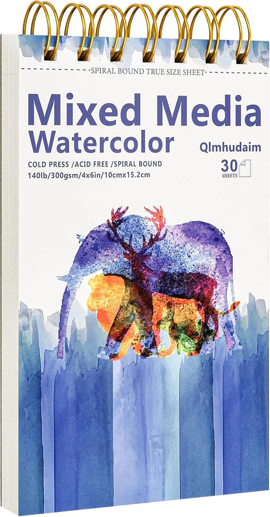 Qlmhudam Watercolor Paper Pad 4" x6”(30 Sheets, 140lb/300g) | Spiral Bound Tear Line Small Artist-Grade Watercolor Pad, Compact Travel Sketchbook for Adults & Kids