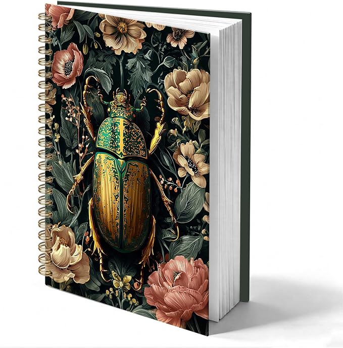 Vintage Floral Beetle Journal Notebook 5.5x8.3, William Morris Inspired Moody Beetle Insect Journal for Women, Dark Cottagecore Botanical Notebooks for Work
