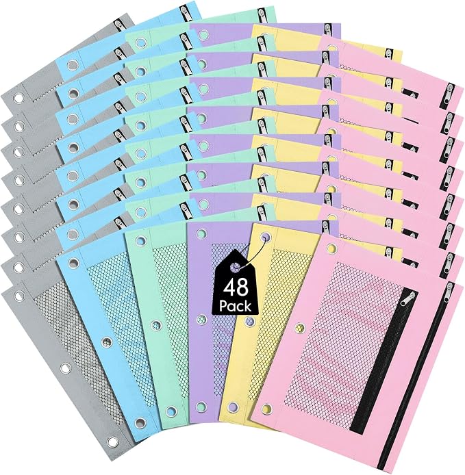 Leelosp 48 Pack Pencil Pouch for 3 Ring Binder Mesh Zipper Pencil Case Bags Binder Pouches Bulk for School Writing Utensils Storage Supplies (Cute Color)