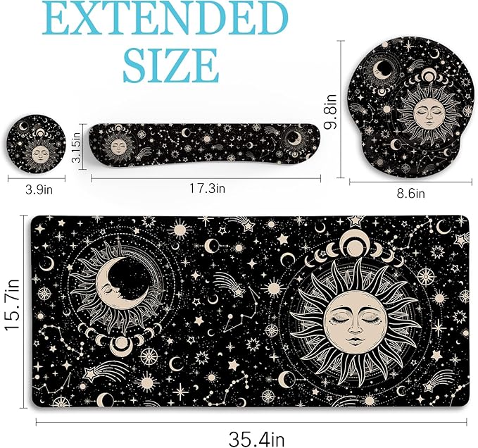 LIMKRIAN Sun Moon Mouse Pad Set Large Desk Mat Pad, Boho Desk Accessories | Ergonomic Mouse Pad Wrist Rest, Gaming Computer Keyboard Mat Wrist Support, Coaster, Home Office Desk Decor Supplies Witchy