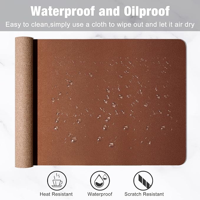 Hsurbtra Desk Pad, 30" x 14" Dual Side PU Leather Desk Mat, Waterproof Non-Slip Desktop Blotter Protector, Large Mouse Pad for Laptop Keyboard Office Home, Brown & Grey