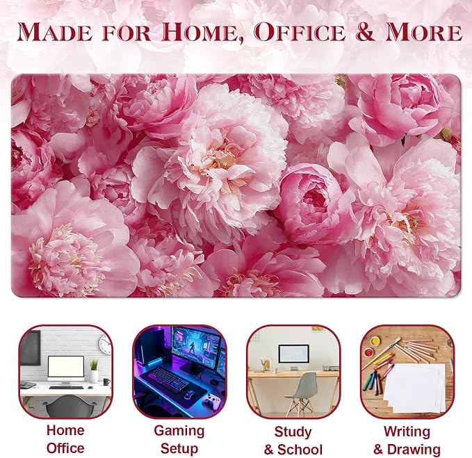 Desk Mat, 31.5 x 15.7 in, Pink Peony Floral PU Leather | Keyboard and Mouse Pad, Non-Slip Base, Waterproof, Easy Clean, Office Gaming Computer Protector