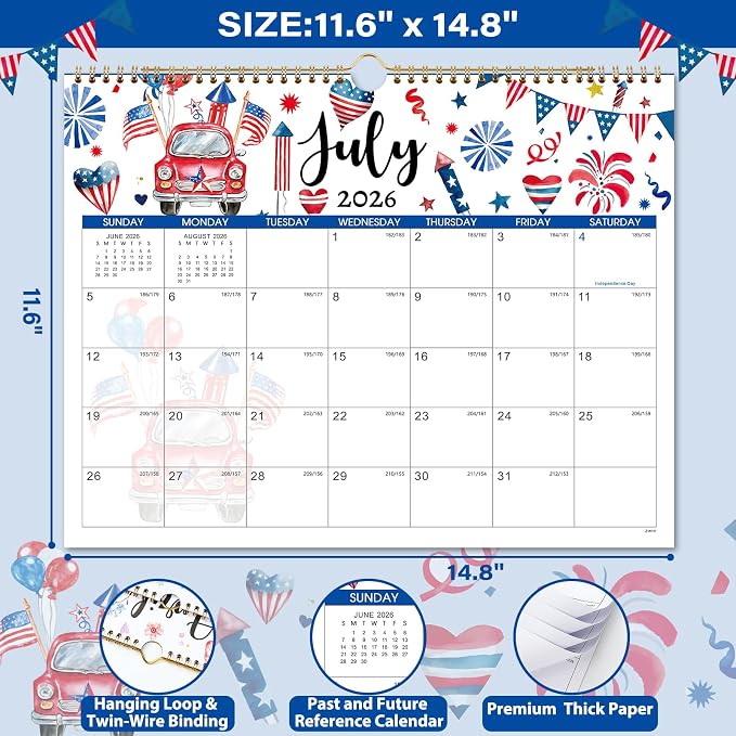 Calendar 2026-2027 - Wall Calendar 2026-2027, July 2026 - December 2027 Wall Calendars, 14.8'' x 11.6'', with Julian Dates, Hanging Hole, Thick Paper