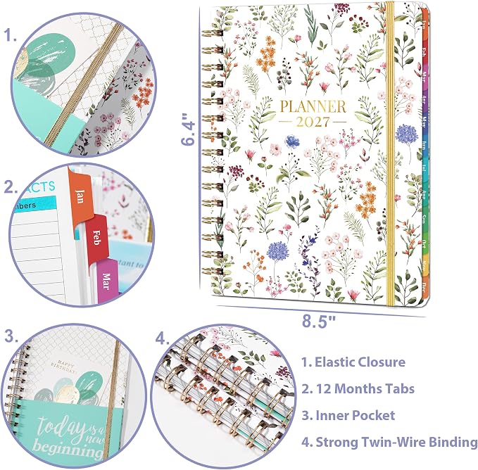 2027 Planner-Weekly and Monthly Planner 2027, 6.4"x8.5", Calendar book | Jan. 2027-Dec. 2027, Twin-Wire Binding, elastic closure, Tabs, Thick Paper, Contacts Pages, Inner Pocket, marked holidays