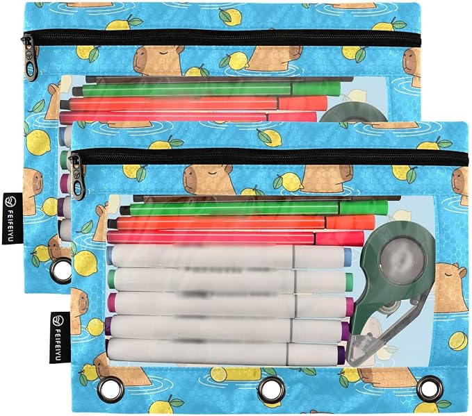 Emelivor Capybara Lemon Blue Pencil Pouch for 3 Ring Binder 2 Pack Binder Pencil Pouches Zippered Clear Pencil Case Cosmetic Bag for Office Work College Home Supplies