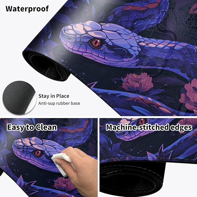 Heated Desk Pad Mouse Pad,Heated Desk Mat,with 3 Heating Levels & 3 Hours Auto Shut-Off,Leather 23.6"*14.2" Gaming Mouse Laptop Mat,Foot Warmer,Purple Snake Flower
