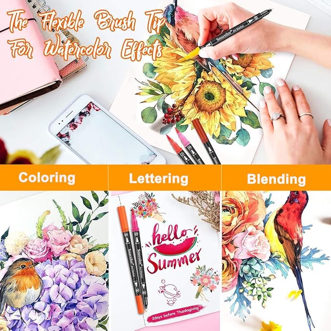 Soucolor 36 Dual Tip Brush Markers, Water-Based Art Pens, Adult Coloring | 36 Color Dual Tip Markers with Brush & Fine Point for Adult Coloring Books, Hand Lettering, Journaling & Art Projects