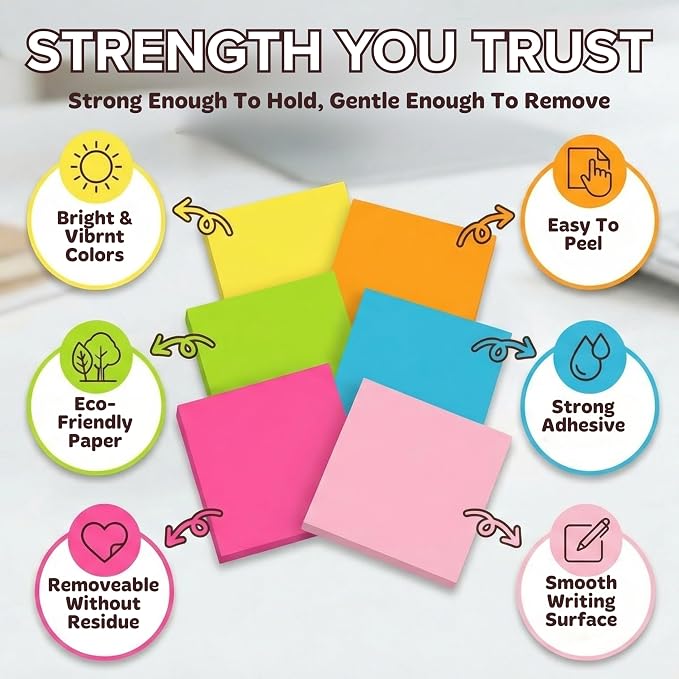 Sticky Notes 3x3 (12 Pads / 1200 Sheets) – 2026 Improved Adhesive, Very Very Sticky & Bright Neon Colors – Perfect for School, Office & Desk Supplies