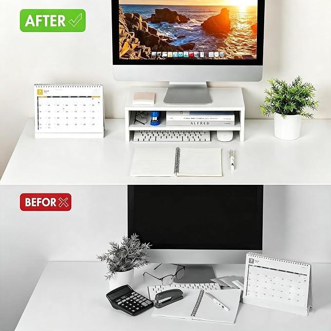 BEYGORMMonitor Stand Riser, White, 16.5 inch, 2 Tiers Wood Desk Shelf | Computer Screen Stand with Storage, For Desktop Laptop/Screen/TV/PC/Printer 16.5"L x 7.8"W x 5.2"H