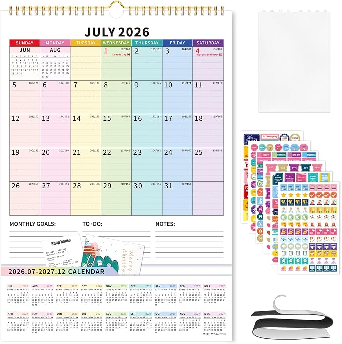 Ospelelf Wall Calendar 2026-2027 with Storage Pockets, 17" X 12" Monthly Large Planner Pad with Protective Cover and Stickers, for Family Fridge Office Teacher School, Use July 2026 to December 2027 Colors