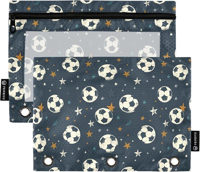 White Soccer Football Star Pencil Pouch for 3 Ring Binder 2 Pack Zipper Binder Pencil Bag Case with Clear Window Office School Supplies