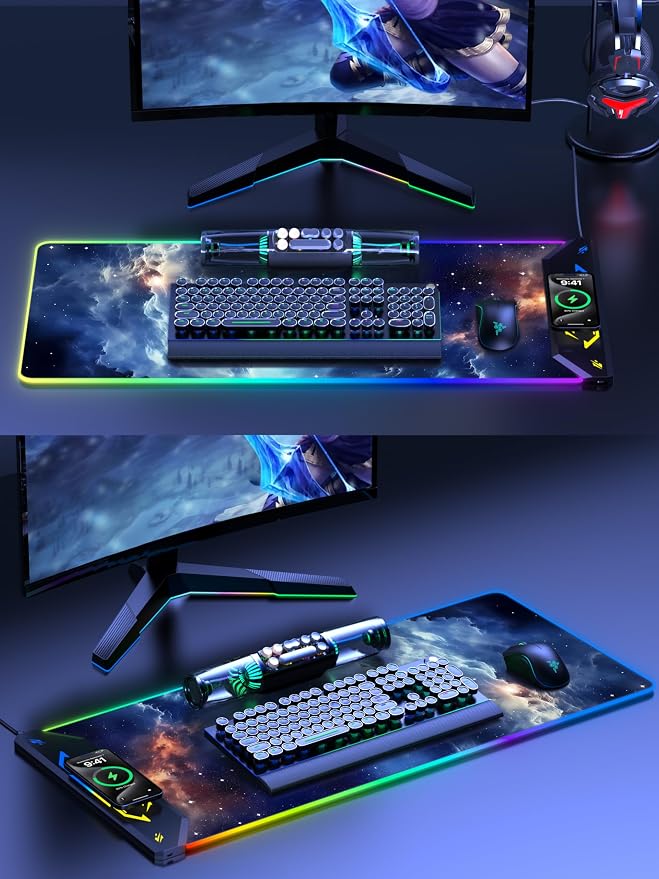 TopMade Wireless Charging Mouse Pad, RGB Gaming Mousepad, 35.4" x 15.8" Extra Large Waterproof Keyboard Desk Pad, Computer Desk Mat, Blue Nebula (Includes 20W PD Power Adapter & 6.56ft Woven Cable)