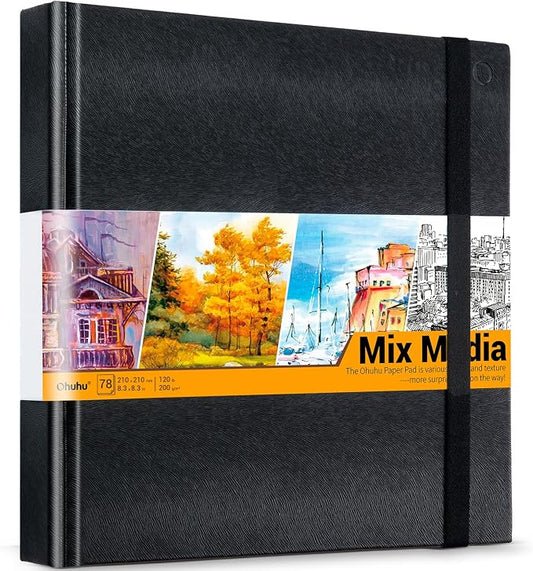 Ohuhu Mixed Media Pad - 8.3" x 8.3" Square Mix Media Sketchbook, 120 LB/200 GSM Heavyweight Papers, 78 Sheets/156 Pages, PU Hardcover Multi-Media Paper Pad for Acrylic Painting Christmas Gift