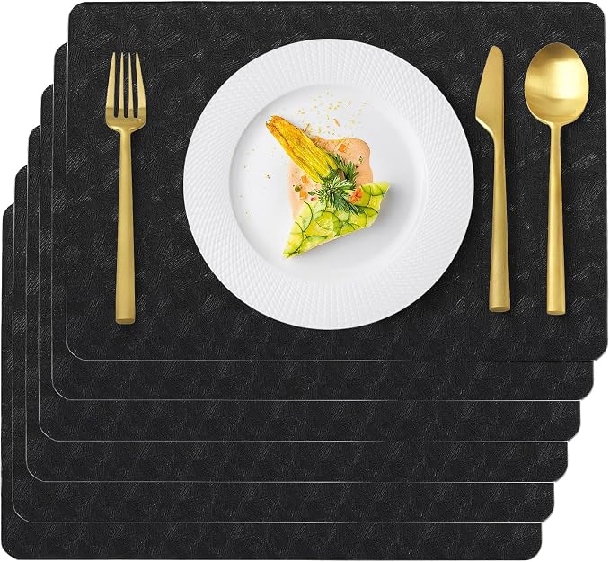 Black Plastic Placemats Set of 6, Faux Leather Waterproof Table Mats | Black Vinyl placemats, Wipeable and heat resistant table mats.Easy to clean,great for indoor and outdoor