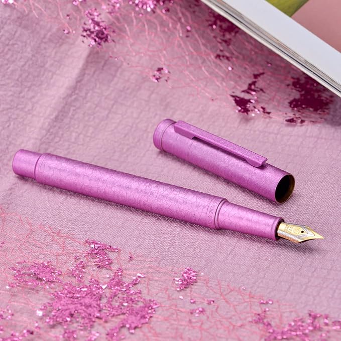 Hongdian 1851 Forest Fountain Pen Pink Ice Flowers, Bent Nib Classic Design with Converter and Metal Pen Case