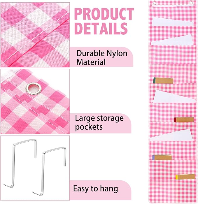 Motimind Pink Plaid 10 Pockets Wall Hanging File Folders File Storage Pocket Chart for Classroom Hanging Wall Organizer with 2 Over The Door Hangers, 58" x 14" for School Classroom Office Home
