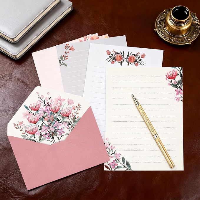 37 Pcs Stationery Paper Envelopes Set Includes 24 Lined Writing Paper & 12 Envelopes with 48 Round Stickers, Warm Floral Themed Letter Stationary Set for Wedding Invitations Wishes Flower(6 Style)