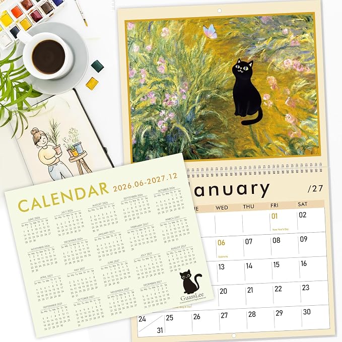 GuassLee Cat Wall Calendar 2026-2027, Vertical Wall Calendar 2026, 19-Months Hanging Art Calendar Jun. 2026 to Dec. 2027, 14" x 23" Monthly Planner Wall with Thick Paper for Office School Home Teacher