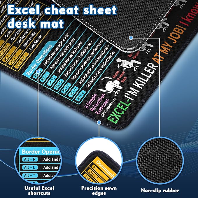 Excel Cheat Sheet Desk Pad - Excel Cheat Sheet Desk Mat - Mouse Pads, Non-Slip Base Portable Mousepad Suitable Ideal for Office, Gaming (11.8" x 9.84")