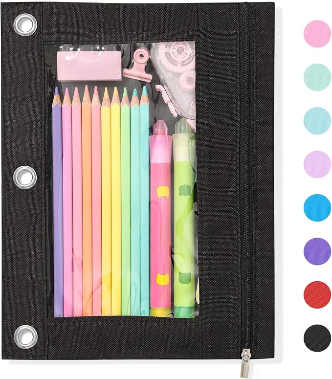 SUNEE Pencil Pouch for 3 Ring Binder, Large Zipper Pencil Case with Clear Window, 3 Reinforced Grommets, Binder Accessories for School and Office Supplies Storage, Black