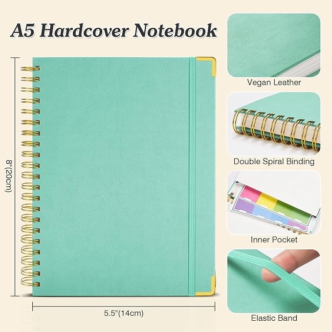 Spiral Notebook, 300 Numbered Pages Notebooks College Ruled with Contens | 100GSM Thick Journal for Women Men, Hardcover Leather Lined Journal for Writing,Large A5 Journaling Notebooks for Work School