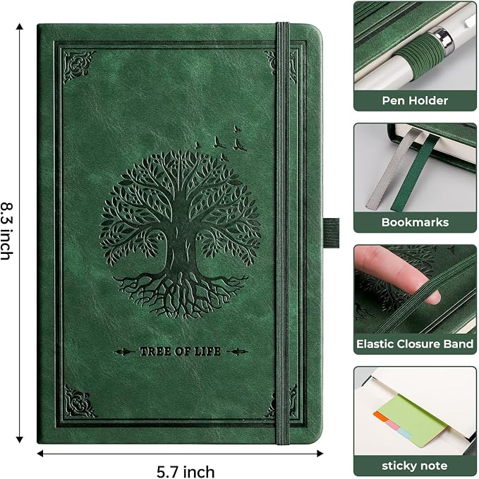 AHGXG Lined Journal Notebook, 192 Numbered Pages, A5 Size (5.7'' x 8.3'') | College Ruled Notebook for Men & Women, Writing, Work & Office, Leather Hardcover, 100 GSM Thick Paper (Dark green)