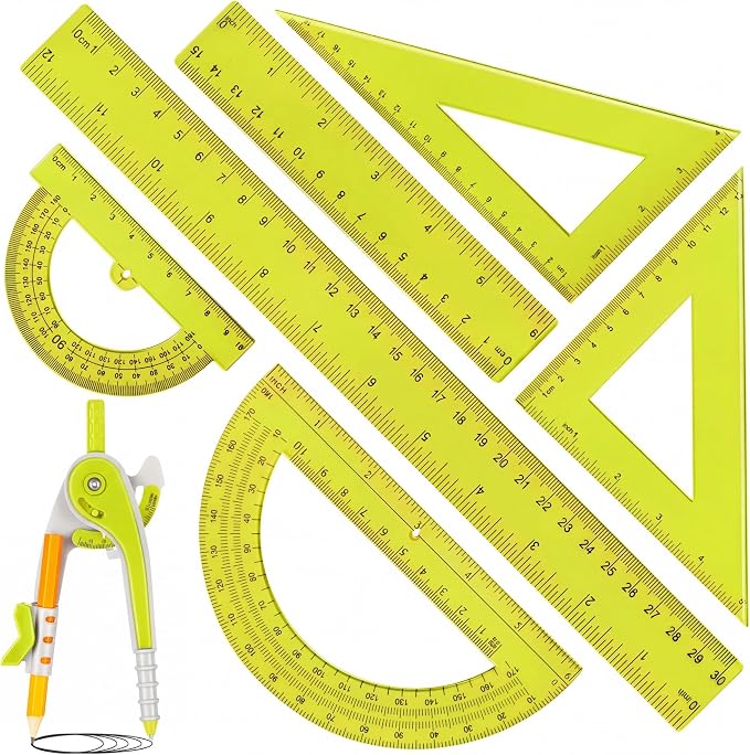 Zonon 1 Set Plastic Geometry Math Set 7 Pcs Includes 6'' / 4 '' Protractor, Drawing Compass, 45/60 Degree Triangle Rulers, 12'' / 6'' Math Ruler Transparent for Office Supplies(Yellow)