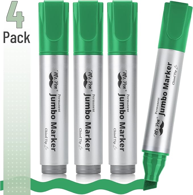 Mr. Pen- Jumbo Permanent Markers, 4 Pack, Green, Chisel Tip, Wide Tip | Large, Thick Permanent Markers for Canvas, Posters Board, Fabric, Window, Glass, Wood, Waterproof, Quick Dry