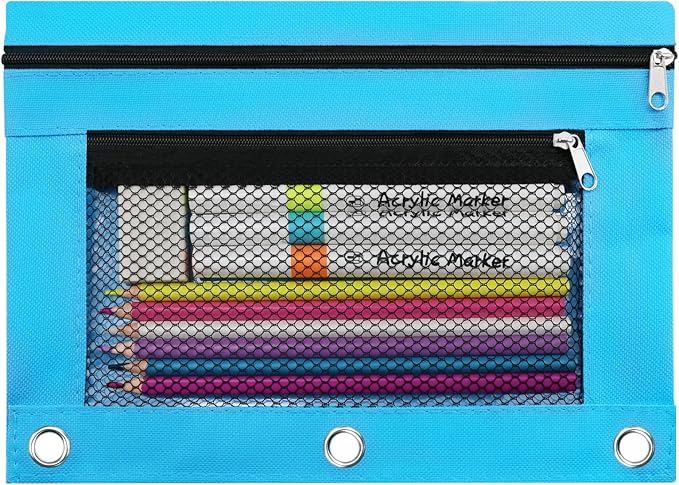 3 Ring Pencil Pouch for Binder, 2-Pocket Zipper Pencil Case with Clear Window & Mesh Pocket, 600D Oxford Fabric Binder Pouch for School Office Supplies, Fits Standard 3-Ring Binders, Sky Blue