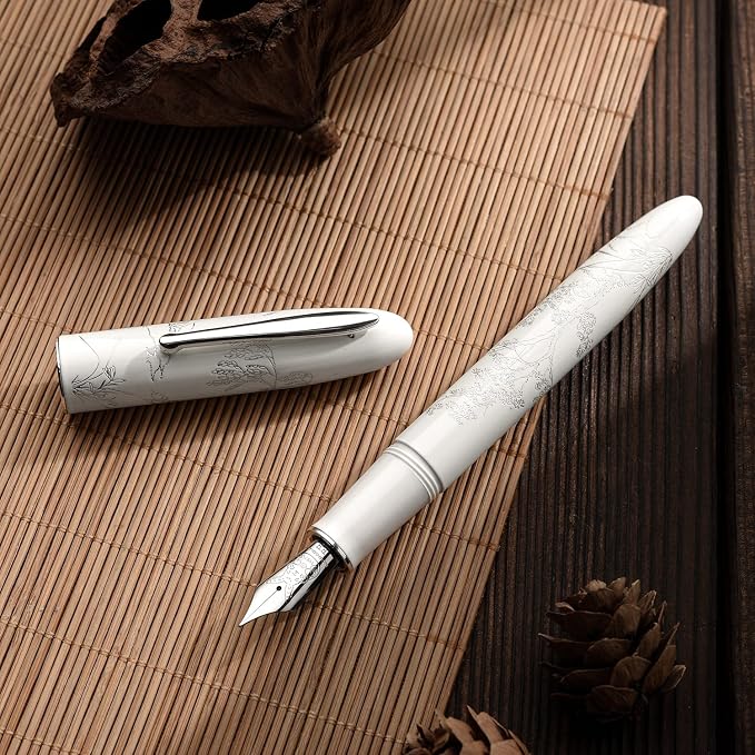 HONG DIAN N23 White Rabbit Fountain Pen, Long Blade Medium Nib Silver Trim, New Year Lucky Rabbit Carving Design, Smooth Writing Pen with Converter and Metal Pen Box Set