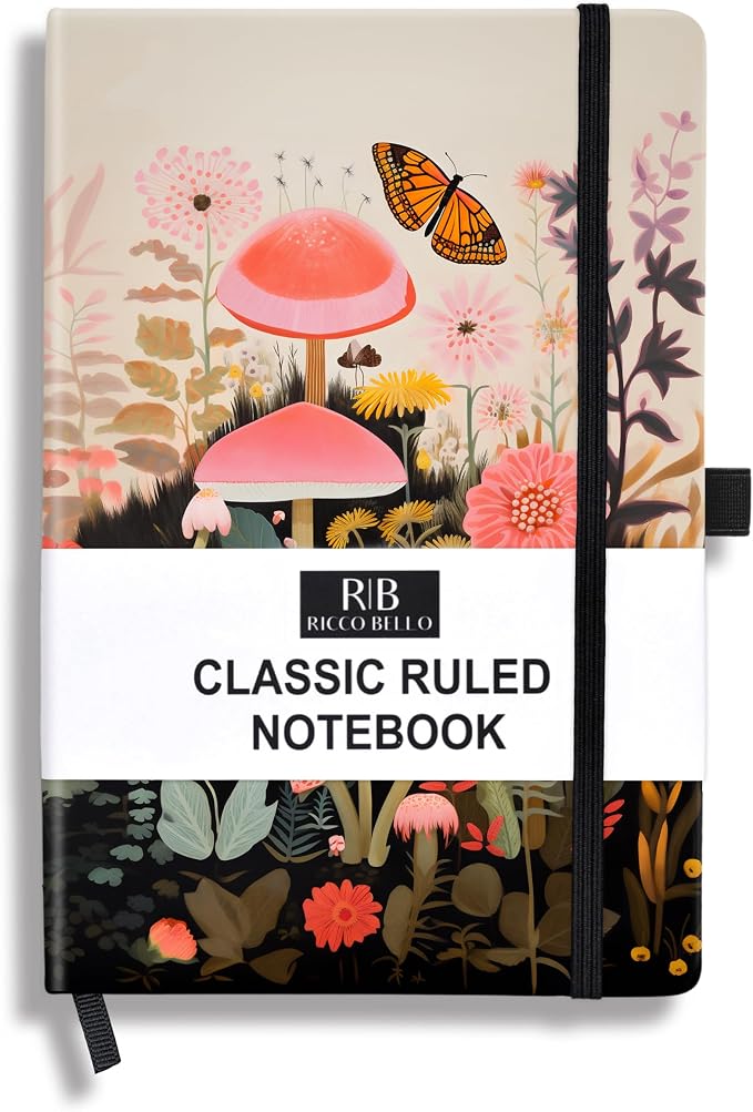 RICCO BELLO Lined Journal Notebook, Mushroom Garden, Hardcover | College Ruled, 96 Sheets / 192 Pages, 5.7 x 8.4 Inches, Pen Holder, For Work & Notes
