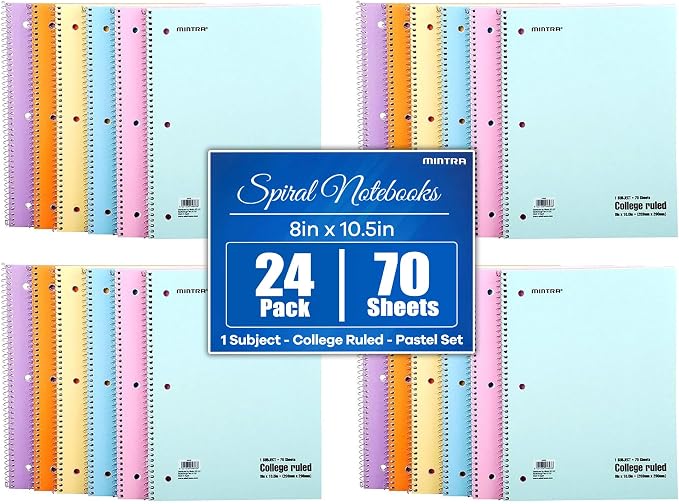 Mintra Office Spiral Notebooks Set - Pastel Colors, College Ruled, Journals for School, Work, Business, Aesthetic Stationery, Writing Pad, Teacher & Student Supplies, 70 Sheets Each, 24-Pack