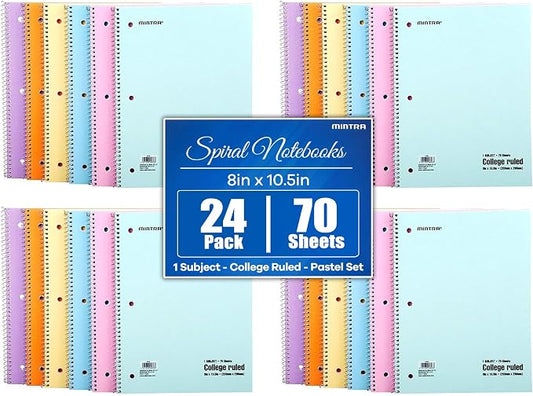 Mintra Office Spiral Notebooks Set - Pastel Colors, College Ruled, Journals for School, Work, Business, Aesthetic Stationery, Writing Pad, Teacher & Student Supplies, 70 Sheets Each, 24-Pack