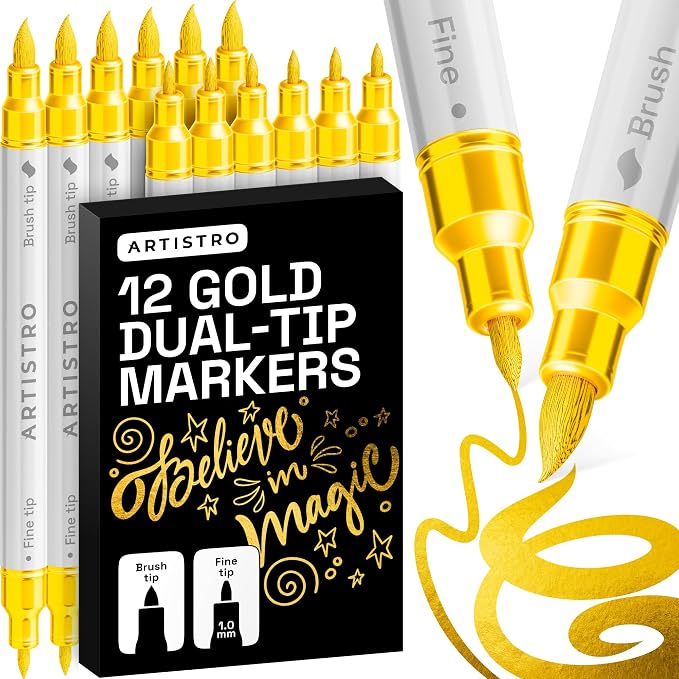 ARTISTRO 12 Gold Acrylic Paint Markers - Paint Pens for Drawing - For Fabric, Rock, Glass, Wood, Molds - Arts & Crafts Gift for Adults, Teens, Kids, Classroom Must Haves & School Supplies
