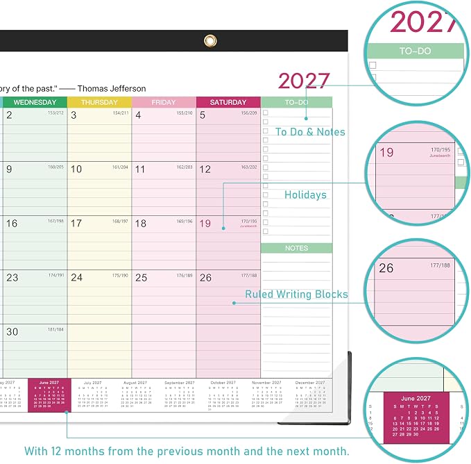 Calendar 2026-2027 - Desk Calendar 2026-2027, 18 Monthly Desk/Wall Calendar,16.8" x 12", July 2026 - December 2027, Thick Paper with Corner Protectors, Large Ruled Blocks - Colorful Lump