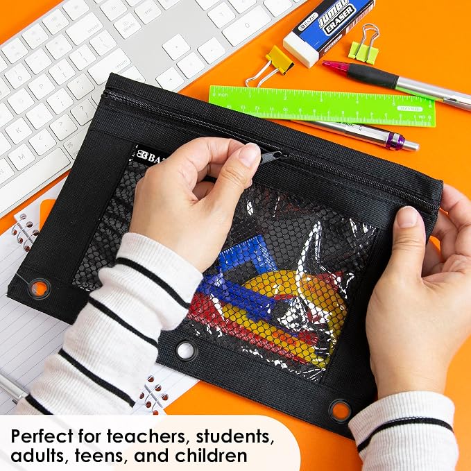BAZIC PRODUCTS Black 3-Ring Pencil Pouch with Mesh Window | clear mesh window and a zipper closure for pens, pencils, supplies