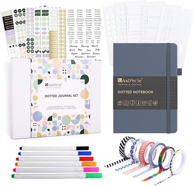 &And Per Se Dotted Journal Kit, A5 Hardcover Dot Grid Journal Notebook Set for Beginners with Journaling Supplies Stencils, Stickers, Washi Tapes & Colored Pens Accessories (Dark Blue)