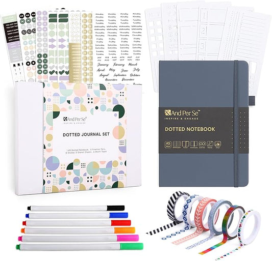 &And Per Se Dotted Journal Kit, A5 Hardcover Dot Grid Journal Notebook Set for Beginners with Journaling Supplies Stencils, Stickers, Washi Tapes & Colored Pens Accessories (Dark Blue)