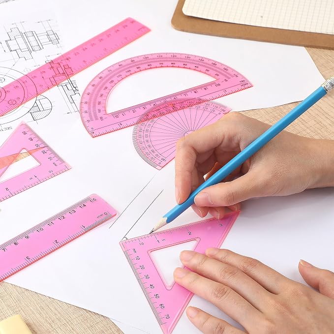 Zonon 7‑Piece Geometry Set with Drawing Compass, 6 & 4 Inch Protractors, Triangle Rulers and Straight Rulers, Transparent Math Drafting Supplies for Back to School, Students and Office Use(Pink)