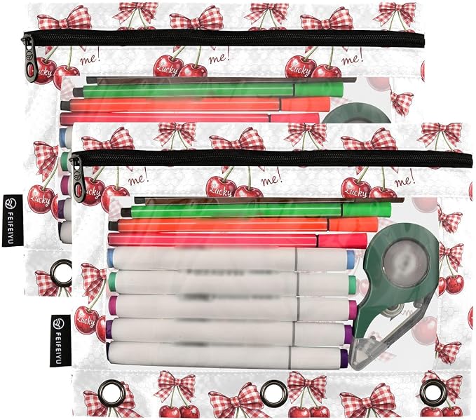 Gredecor 3 Ring Binder Pencil Pouch, Cherry Coquette Ribbon Bow (38) Zippered Pen Case Pouches with Clear Window, 2 Pack Stylish Office & School Supplie