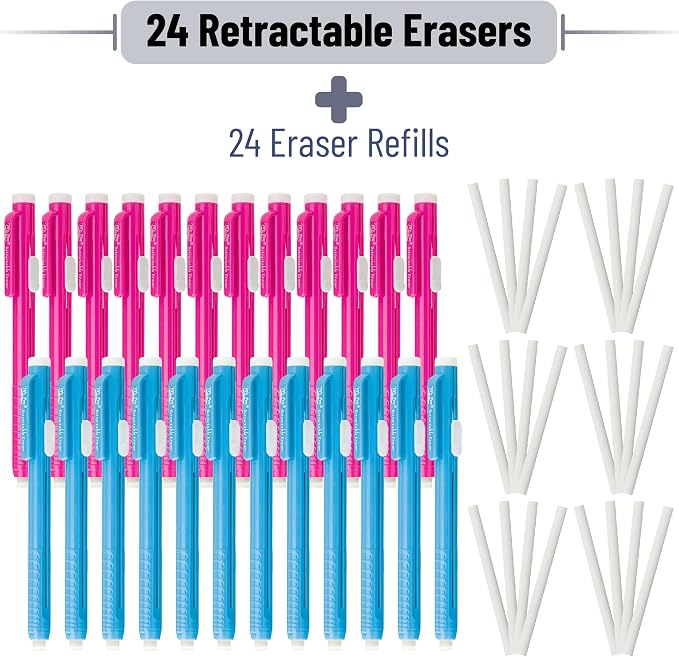 Mr. Pen- Retractable Mechanical Eraser Pens, 24 Pack, Pink & Blue Barrels | Bulk Latex-Free Precision Pencil Erasers for Artists, Students, Drawing, Sketching & Drafting