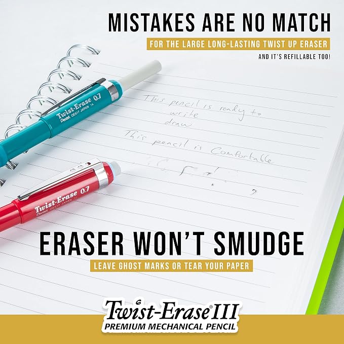 Pentel Twist-Erase III Mechanical Pencil, (0.7mm), Medium Line, Black Barrel, Pack of 4 (QE517BP4A)