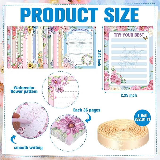 Eaasty 48 Pcs Floral Inspirational Notepads and Pens with Ribbon Bulk, Positive Affirmation Stationery Back to School Gifts for Students, Teachers, Classroom Rewards, Office Appreciation, Party Favors