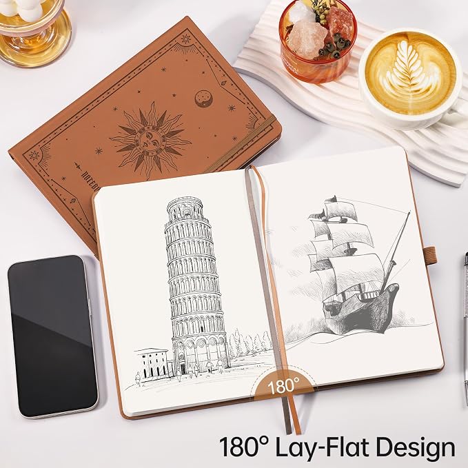 EMSHOI Blank Journal Notebook, 192 Pages, A5 Size (5.7'' x 8.3'') | Leather Hardcover, 100 GSM Thick Paper, Unlined, Plain, for Sketching, Drawing, Painting, Sun Debossed (Brown)