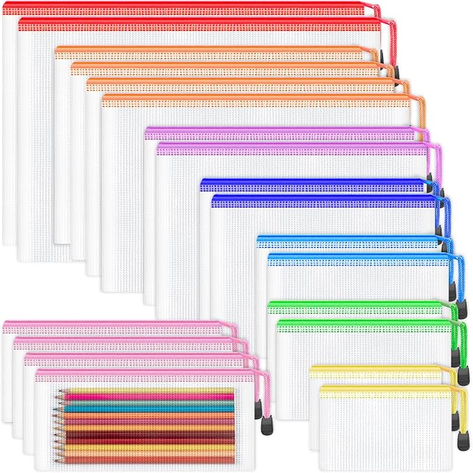 Smarpau 20pcs Mesh Zipper Pouch Bags,8 Sizes 8 Colors Plastic Pencil Pouch | Waterproof Clear Mesh Bags for Office School Supplies,Document Pouch,Travel Storage,reusable ziploc bags,Home Organize